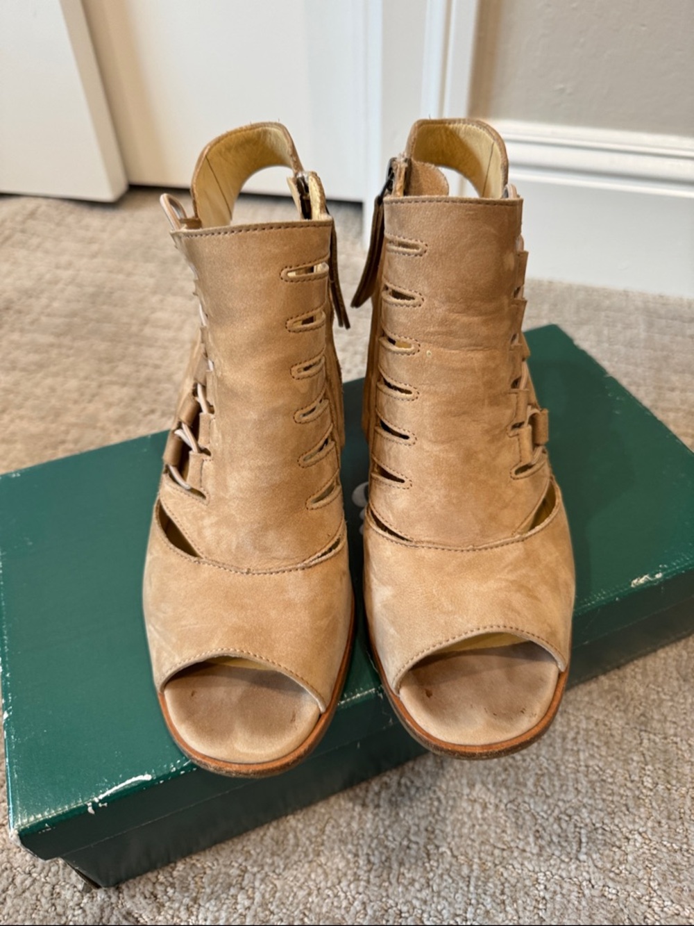 Paul Green Sisal Nubuck Open-Toe Lace-Up Heeled Sandals - Tan